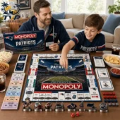 Father and son playing the New England Patriots edition of Monopoly at home.