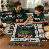 New York Jets Collector's Edition Monopoly Board Game 2 Father and son playing New York Jets Monopoly at Tvpcomebackshop