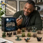 Man holding a cryptid mystery figure from a Tvpcomebackshop North American Cryptids box set
