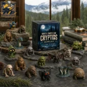 North American Cryptids blind box set with miniature figures on a stone display