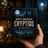 Hand holding North American Cryptids blind box featuring a forest at night