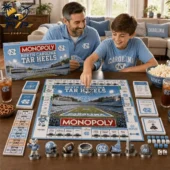 North Carolina Tar Heels Collector Edition Monopoly Board Game 2 Father and son playing North Carolina Tar Heels Monopoly Collector Edition by Tvpcomebackshop