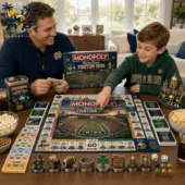 Notre Dame Fighting Irish Collector's Edition Monopoly Board Game 2026 2 Father and son playing Notre Dame Fighting Irish Monopoly edition from Tvpcomebackshop