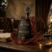 Old West Reserve premium whiskey bottle shaped like a cowboy hat on a wooden desk