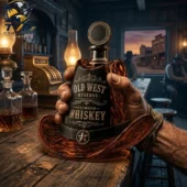 Old West Reserve Premium Edition Decanter Bottle 1 Old West Reserve premium whiskey bottle in the shape of a cowboy hat held by a weathered hand.