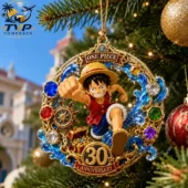 One Piece 30th Anniversary Luffy Christmas ornament hanging on a tree