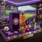 Orlando City SC golden lion statue, signed soccer ball, and champagne set in luxury suite.