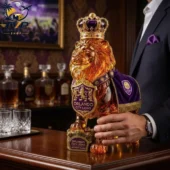 Custom Orlando City Lions amber glass lion decanter with a crown and purple cape, available at Tvpcomebackshop.