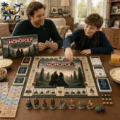 Father and son playing Monopoly Outlander Collector Edition board game at home.