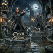 Detailed collectible figure of Ozzy Osbourne with a bat-topped cane on a gothic gargoyle base.