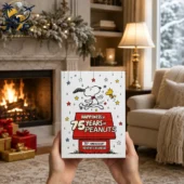 Peanuts 75th Anniversary Advent Calendar 2026 3 Peanuts 75th Anniversary advent calendar held in hands by a fireplace