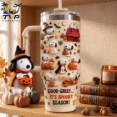 Peanuts Snoopy Good Grief It's Spooky Season Tumbler With Handle 2 Peanuts Snoopy Halloween 40oz Tumbler with lid and plush keychain from Tvpcomebackshop