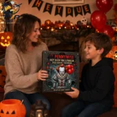 Mother and son holding an IT Pennywise 2026 Halloween advent calendar