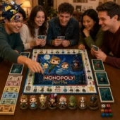 Group of friends playing Peter Pan Monopoly board game at home