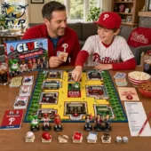Philadelphia Phillies Clue Board Game 2026 2 Father and son playing the Philadelphia Phillies Clue Game Day Sabotage board game at home