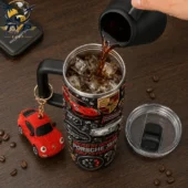 Porsche 911 Driven By Dreams Built To Perform Motorsport Tumbler with Handle 2026 2 Porsche themed insulated tumbler with 3D car keychain