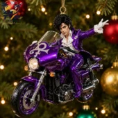 Prince Purple Rain Waving Motorcycle Christmas Ornament 2 Prince Christmas tree ornament on his signature purple motorcycle