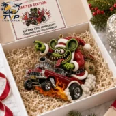 Rat Fink 63rd Anniversary Christmas hot rod ornament in presentation box