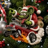 Rat Fink Christmas ornament driving a hot rod on a pine tree