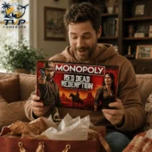 Red Dead Redemption Collector's Edition Monopoly Board Game 2026 2 Man holding a Red Dead Redemption Monopoly board game