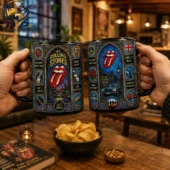 Two Rolling Stones themed mugs held up in a toast