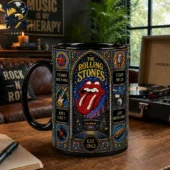 Black ceramic mug featuring The Rolling Stones stained glass art design