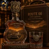 Route 66 The Mother Road 1926-2026 100 Years Of Open Road Whiskey Decanter & Glass Set 1 Route 66 Centennial glass decanter and matching whiskey glass set by Tvpcomebackshop