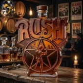 Rush band themed whiskey bottle with 2112 Starman design at Tvpcomebackshop