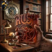 Rush Reunion Tour Commemorative Decanter Bottle 1 Hand holding a decorative Rush Starman glass bottle in a library setting