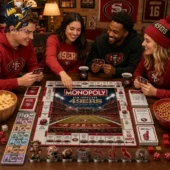A group of friends playing San Francisco 49ers Monopoly game in a living room.