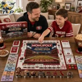 San Francisco 49ers Levi's Stadium Monopoly Board Game 2026 2 Father and son playing San Francisco 49ers Monopoly game.