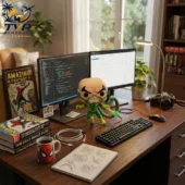 Scorpion character vinyl figure displayed on a desk with Spider-Man themed decor from Tvpcomebackshop