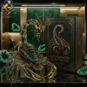 Green crystal scorpion figurine next to a collector edition perfume box by Tvpcomebackshop