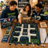Seattle Seahawks Clue Board Game 2026 2 Three people playing Seattle Seahawks Clue board game by Tvpcomebackshop