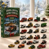Snow and Winter Work Vehicles 2026 Advent Calendar with miniature construction trucks.