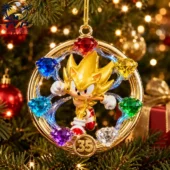Super Sonic 35th Anniversary golden ornament with Chaos Emeralds