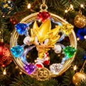 Super Sonic 35th anniversary gold metal Christmas tree ornament with colorful gems.
