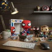 Spider-Man collectibles on a desk at Tvpcomebackshop