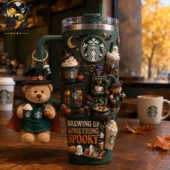Halloween-themed Starbucks tumbler with spooky 3D charms and teddy bear keychain by Tvpcomebackshop.