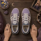 Stevie Nicks Gold Dust Woman Casual Air Force Shoes 1 Pair of purple Stevie Nicks themed Adidas sneakers on a wooden table with mystical accessories.