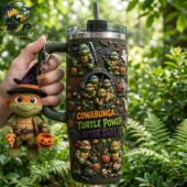 TMNT 35th Anniversary Sewer Squad 40oz Tumbler With Handle 1 Teenage Mutant Ninja Turtles Halloween themed tumbler with keychain