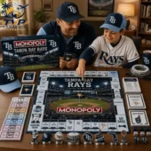 Tampa Bay Rays Collector's Edition Monopoly Board Game 2 Father and son playing Tampa Bay Rays Collector Edition Monopoly board game at home