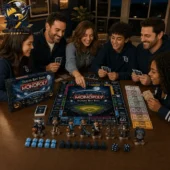 Family playing Tampa Bay Rays Monopoly board game at home
