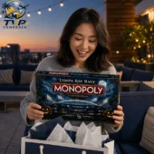 Woman holding Tampa Bay Rays Monopoly Collector Edition game box