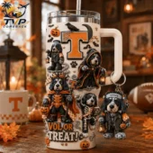 Tennessee Volunteers Halloween Vol Or Treat 40oz Tumbler With Handle 2 Tennessee Volunteers Halloween-themed tumbler with dog characters