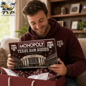 Texas A&M Aggies Collector Edition Monopoly Board Game 2 Man holding a Texas A&M Aggies Monopoly board game