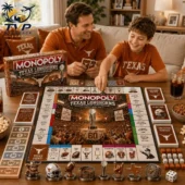 Texas Longhorns Champions Super Bowl Monopoly Board Game 2026 2 Father and son playing Texas Longhorns Monopoly collector's edition board game