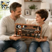 Father and son holding Texas Longhorns Clue board game