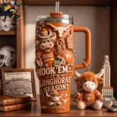 Texas Longhorns 3D themed insulated tumbler mug with mascot and football accessories
