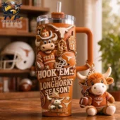 Texas Longhorns 3D-themed insulated tumbler with plush keychain